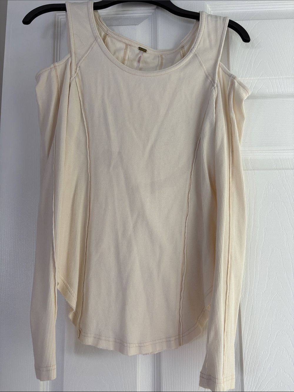 Free People Cream Cold-Shoulder Ribbed Long Sleeve Top